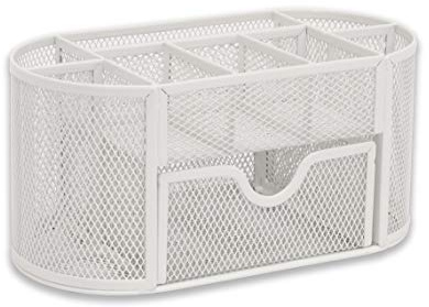 OSCO Wire-Mesh Desk Organiser with Drawer – 8 Compartment Metal Mesh Desk Tidy & Office Storage Pen Holder for Home, Office, Study, Rulers, Scissors, Smartphone – White