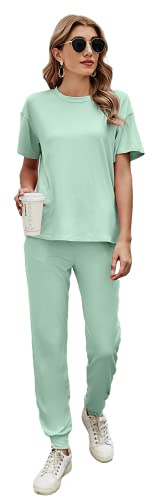 Ietaoo Completo Sportivo Donna Tute da Ginnastica da Donna Estiva Cotone 2 Pezzi Homewear Manica Corta T Shirt+ Pantaloni Tute Sportiva Casa Pigiama Set