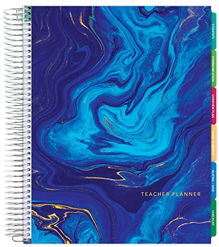 Elan Publishing Company Deluxe Undated Teacher Planner: 8.5x11 Includes 7 Periods, Page Tabs, Bookmark, Planning Stickers, Pocket Folder Daily Weekly Monthly Planner Yearly Agenda (Dark Blue Marble)
