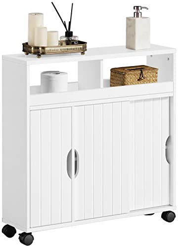 Yaheetech Mobile da Bagno con Ruote Armadietto da Terra con Ante Scorrevole Mobiletto in Legno con Ripiani Multilivello 20 x 70 x 72 cm Armadio Portaoggetti Bianco