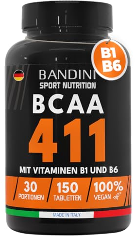 Bandini® AMINOACIDI RAMIFICATI BCAA 4 1 1 | 150 Compresse Amminoacidi Ramificati Fermentati con Vitamina B1 e B6 | 4.1.1 con Leucina, Isoleucina, Valina | Intra Pre Post Workout | Per Palestra | Vegan
