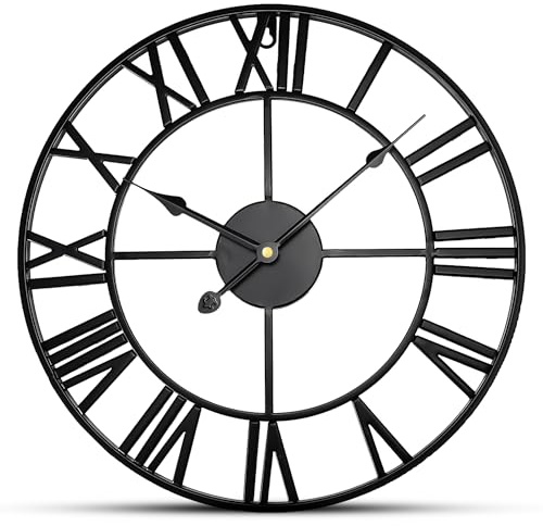 FB FunkyBuys Vintage Large Wall Clock Round Metal Silent Non-Ticking, Clock Mechanisms Battery Powered Roman Numerals Modern Wall Clocks for Living Room Bedroom (Roman-Black, 88CM/ 34 Inches)