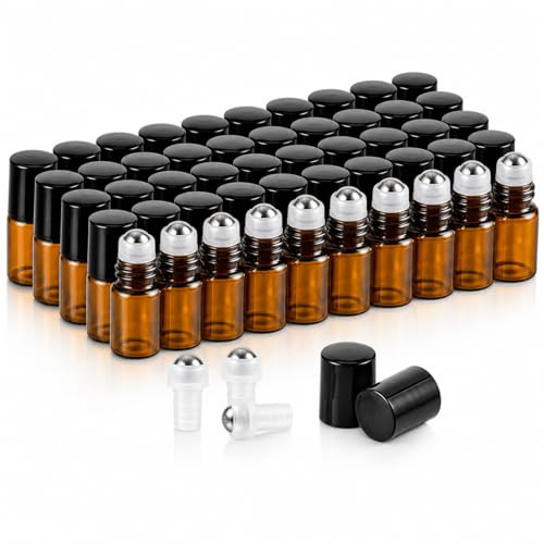 CYEER Lot de 50 Flacons Roll-on en Verre Ambré 2ml - Mini Bouteilles à Huiles Essentielles avec Billes en Acier Inoxydable - Flacons Vides Rechargeables pour Parfum DIY, Aromathérapie, Voyage et Échan