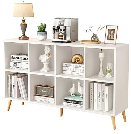 Flrrtenv 8-Cube Bookshelf 2 Tier Modern Bookcase with Legs, 120cm Wood Bookshelves Storage Organizer Shelf, Freestanding Open Book Shelves for Bedroom Living Room Office, Modern White