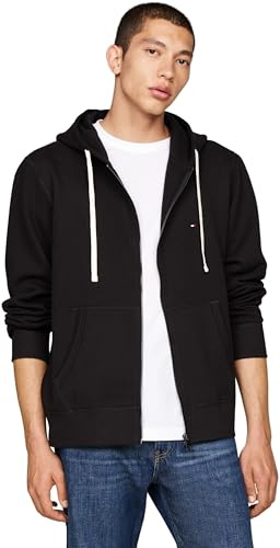 Tommy Hilfiger Herren Hoodie mit Reißverschluss Essential Fleece Zip Through mit Taschen, Schwarz (Black), L
