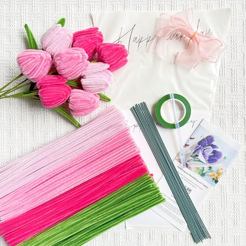 YYUENGTAK Rose Cure-pipe pour bouquet de tulipes roses pour l'artisanat, ensemble de fleurs pour cure pipe,200 pièces fil chenille pour l'artisanat avec 3 couleurs roses et instructions