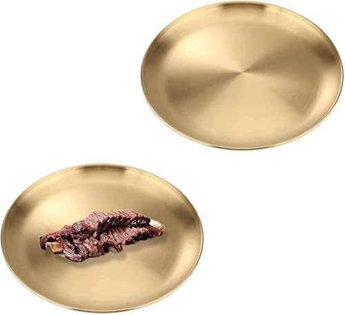 Serenelight 2 Piezas Bandeja Decorativa en Acero Inoxidable,Platos Redondos en Acero Inoxidable, Bandeja Redonda, Plato de Barbacoa, para Cocina, Comedor, Camping, Fiesta, （20 cm Oro）
