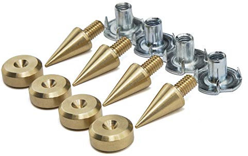 PrecisionGeek - Speaker Spikes and Pads, Brass Set M6 Spikes 10mm Diameter Cones Pads 16mm Diameter Pads with T-Nuts for Speakers, HiFi Stands, Cabinets, Soundbars