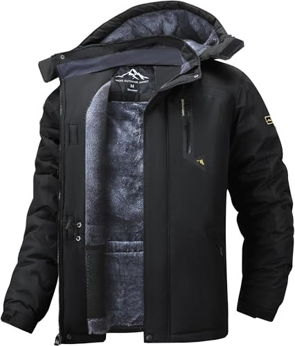 Tansozer Herren Wind- und Wasserdichte Winterjacke Warme Skijacke Gefütterte Outdoorjacke mit Abnehmbarer Kapuze (Schwarz, S)