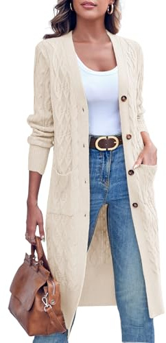 Imily Bela - Cardigan da donna lungo con motivo a treccia, cardigan aperto frontale, manica lunga, autunno inverno, cardigan lavorato a maglia con tasche, beige., L