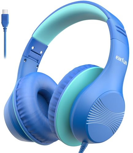 EarFun K3 - Auriculares para niños, sonido estéreo HD, cable USB-C, ajuste cómodo, auriculares plegables para escuela y viajes, compatible con tabletas y iPad, color azul