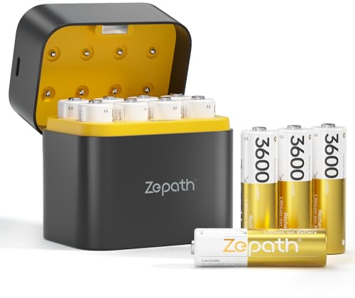 Zepath 12 PCS 1,5V AA Lithium Batterie Ricaricabili con Caricabatterie 8 Slot, 3600mWh Dobbia A Batterie Ricaricabili con 2000+Tech