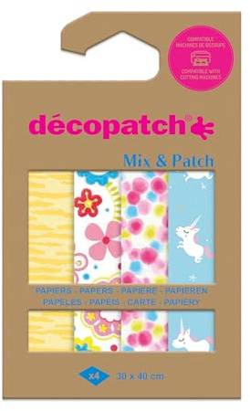 Décopatch DP045C - Une Pochette de 4 Feuilles Décopatch - Dimensions : 30 x 40 cm - Papiers imprimé, Licornes enchantées - Mix & Patch - A partir de 5 ans, DIY, création, rénovation, activité créative