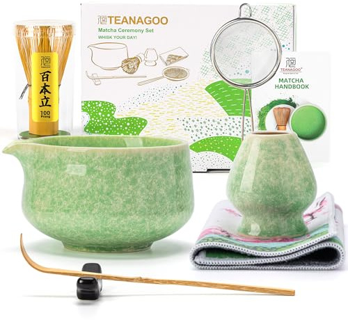 TEANAGOO Te Matcha Kit, Matcha Kit 7 piezas verde, kit de matcha de ceremonia, juego de té matcha para hacer café con leche, cuenco de cerámica (chawan) con boquilla y batidor