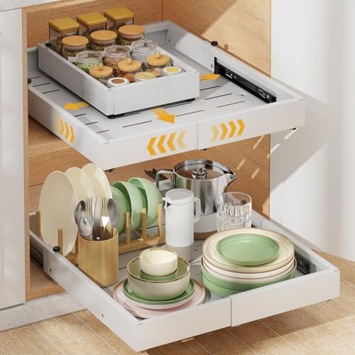 Housolution 2 Pieza Cajones Bandejas Extraibles para Mueble Cocina, Ancho ajustable de 30cm a 50cm, Profundidad de 40cm a 55cm, Cajon Telescopico Organizador Deslizantes para Armarios