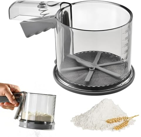 Colino per farina 3 in 1 | Colino manuale con rete in acciaio inox a doppio strato | Setaccio fine con manico a pressione e coperchio rimovibile | Utensile da cucina