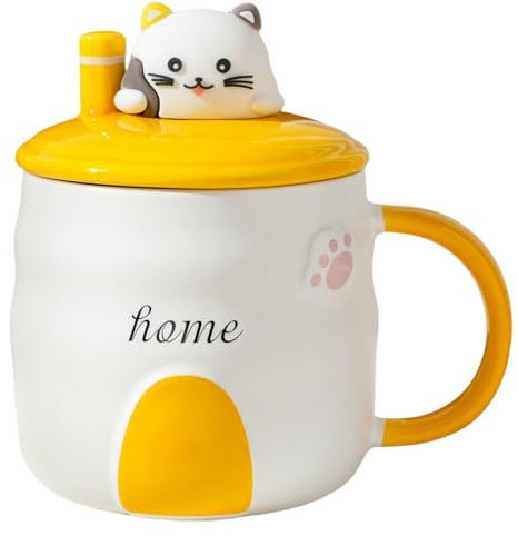 Cinese Tazza Tazza Da Latte Per La Colazione In Ceramica A Forma Di Gatto Con Coperchio, Adatta A Coppie, Ragazze E Bambini, Adatta Al Microonde, Arancione (Con Coperchio E Cucchiaio), 401-500 Ml
