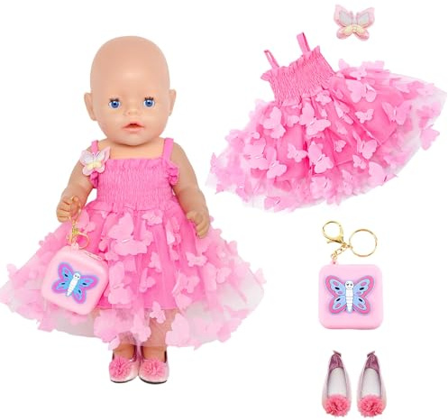 Baby Doll Clothes for 35–43 cm Dolls, Magenta Butterfly Tulle Dress Handbag Shoes Baby Doll Clothes and Accessories Set for 14-18 Inch Dolls, Girls' Birthday Gift