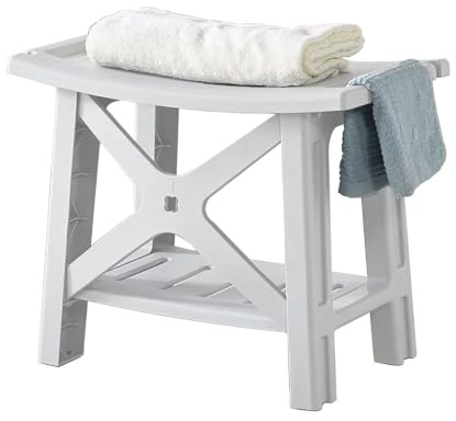 RATSTONE Taburete Ducha，Asiento Impermeable con Estante para Baño, Banco Antideslizante para Interior y Exterior,Asiento de Ducha con Soporte para Cabezal de Ducha,Blanco (Blanco)