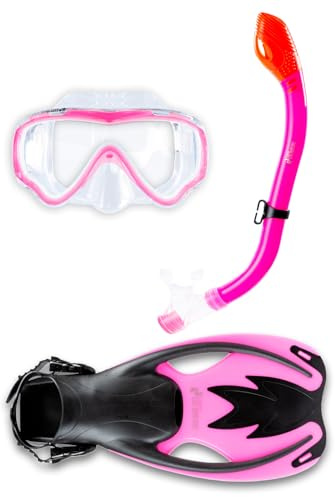 Two Bare Feet Junior SILICONE Mask, DRY TOP Snorkel & Fins 3PC Kids Diving Set (Pink, L/XL UK1-UK4)