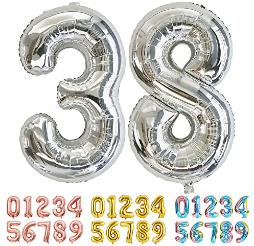 Ponmoo Foil Balloon Number 38/83 Silver, Giant Numbers 0 1 2 3 4 5 6 7 8 9 10-19 20-29 30-39 40-49 50-60-70-80-90-100, Large Balloons for Wedding Anniversary Birthday Party Decoration