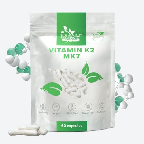 Vitamin K2 (MK-7), 60 Kapseln – Unterstützung für Knochen- & Herzgesundheit – Reine Zutaten, GMO- & Glutenfrei, fördert die Calciumaufnahme und Knochendichte – von Raw Powders