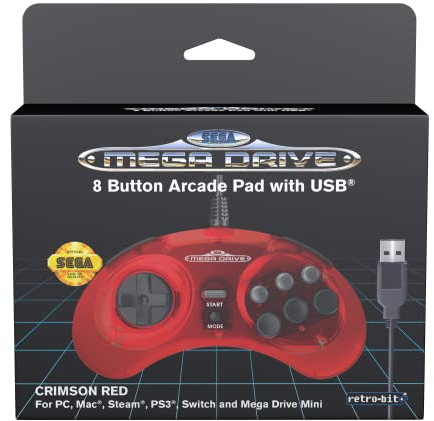 Retro-Bit Official Sega Mega Drive USB Controller 8-Button Arcade Pad for Sega Genesis Mini, Switch, PC, Mac, Steam, RetroPie, Raspberry Pi - USB Port (Crimson Red) (Nintendo Switch)