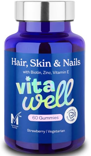 Vitawell Hair Skin & Nails Gummies | Support for Hair Growth + Skin + Nails Vitamins Chews | Complex Formula Biotin, Zinc, Selenium & Vitamin E | 60 Strawberry Flavour | | Multivitamin Gummies