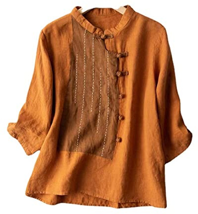 HongYunoH Camicia da Donna in Lino di Cotone Artistico retrò Letterario Causale Camicie a Maniche a 3/4 con Bottoni a Rana in Stile Etnico Cinese per Le Donne Arancione M