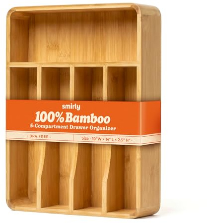 SMIRLY Silverware Drawer Organizer – Bamboo Kitchen Drawer Organizer, Adjustable Utensil Holder and Cutlery Tray, Drawer Dividers for Flatware and Kitchen Utensils