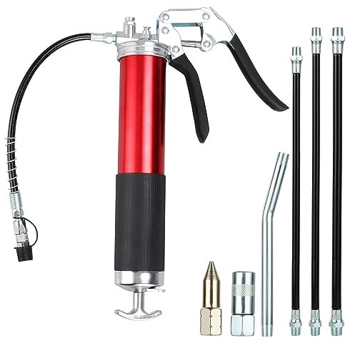 ZOFUN Professional Grease Gun Set, 380mm 7000 PSI Grease Gun with Flexible Hoses & 2 Kinds of Grease Nipples, Aluminum Alloy Hand Held Grease Gun, 400cc Red Grease Gun Tool Cordless for Automotive