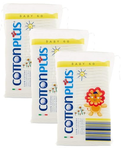 Cotton Plus BABY 60 pz. - LINEA BABY | DISCHETTI PRETAGLIATI 100% PURO COTONE | Per la pulizia dei più piccoli, in morbido cotone ipoallergenico, assorbenti e resistenti. (Confezione da 3)