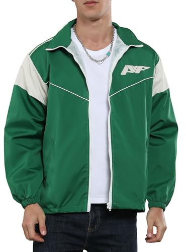 Yimoon Men's Lightweight Windbreaker Jacket Casual Zip Up Outdoor Varsity Jacket Patchwork Vintage Y2K Outerwear(Green-S)