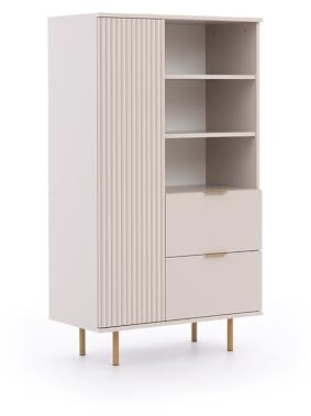 Lomadox Highboard Vitrinenschrank in Kaschmir, Front mit Rillenoptik, Goldfarbene Griffe und Füße