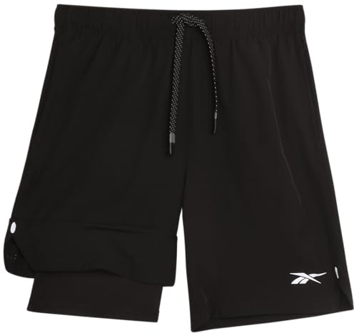 Reebok Boys Shorts - 2 in 1 Basketball Shorts with Compression Liner and Pockets - Gym and Running Boys Athletic Shorts, Size 10-12, Black