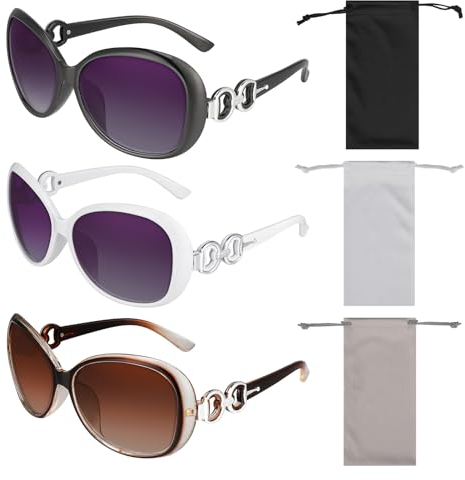 Newofview 3 Stuck Sonnenbrille Damen, Vintage Mode übergröße Damen Sonnenbrille mit 3 Sonnenbrillen-Staubbeutel, Große UV Schutzbrille für Mädchen, Damen
