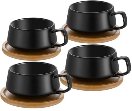 4er Set Cappuccino Tassen mit Untertassen, 320 ml Kaffeebecher aus Keramik, Cappuccino Tassen Groß, für Kaffeeliebhaber, Cappuccino, Latte, Americano und Tee, Schwarz
