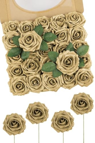 N&T NIETING 25 rose artificiali con paillettes, color oro, con stelo, per matrimonio, bouquet, composizione, festa, baby shower e decorazione della casa