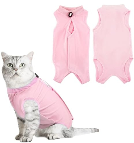 SamHeng Cat Professional Recovery Suit, Kitten Surgery Recovery Suit for Abdominal Wounds or Skin Diseases, Cats Anti Licking Vest Bodysuit, E-Collar Alternative for Cats after Surgery Wear (Pink-M)