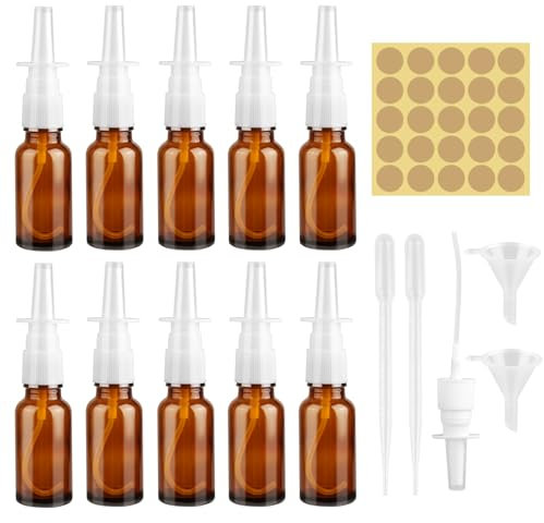 JIANGZHIB 10 stycken nässprayflaska tom, 20 ml brun nässpray-flaskor, återanvändbar nässprayflaska med etiketter, munstycken, tratt, plastdroppare för parfym, saltlösning