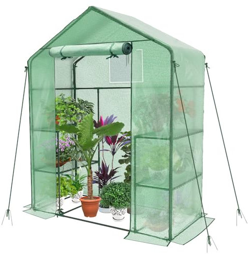 VOUNOT® Walk In Greenhouse with Shelves, Portable Plastic Green House for Garden & Outside, Large Growhouse, Green 143x73x195cm