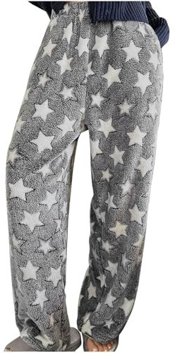 Schlafhose Damen Pyjamas Hosen Winter Plüsch Schlafanzughose Stern Muster Schlabberhose Locker Lässig Hose Elastische Taille Freizeithose Warm Bequeme Damenhose Soft Thermohose
