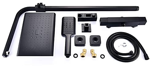 Ensemble de douche complet en acier inoxydable - Avec thermostat, douchette à main et étagère en verre chromé - Kit complet avec bec inférieur - Colonne de douche - Douchette de tête - Douche de pluie