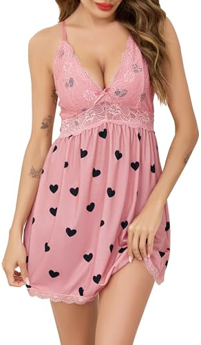 Vlazom Women Nighties, Elegant Lingerie for Ladies Nightdress Lace Chemise Slip Dress V Neck Babydoll Sleepwear Rose Pink Heart,M