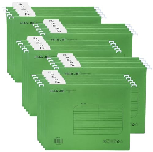 Hiziwimi Fc (Foolscap) Size Green Reinforced Paper Suspension Files, [Pack of 25], Hanging Files Foolscap with Tabs and Inserts, Filing Cabinet Suspension File for Office, School Desktop File Storage