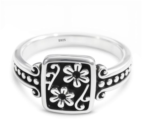 XKBYL Square Carved Flower Signet Ring,Dainty Retro S925 Sterling Silver Floral Ring,Elegant Two Blossom Best Friends Friendship Ring for Women (A01_Flower Ring, 10)