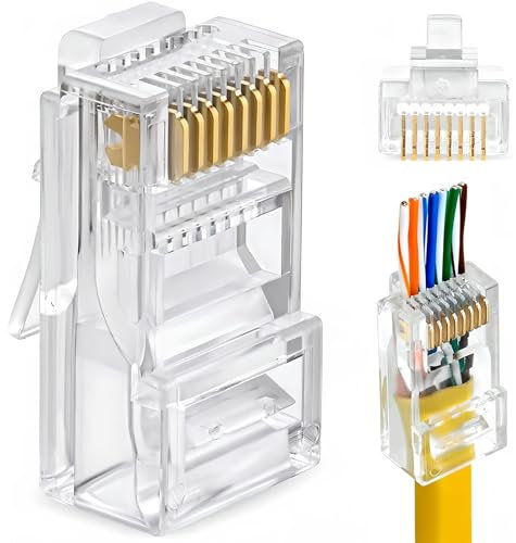Cisixin Conector RJ45, paquete de 100 conectores CAT6 RJ45, cable de cabeza de cristal sólido, adaptador Ethernet RJ45, conector de enchufe de red (transparente)