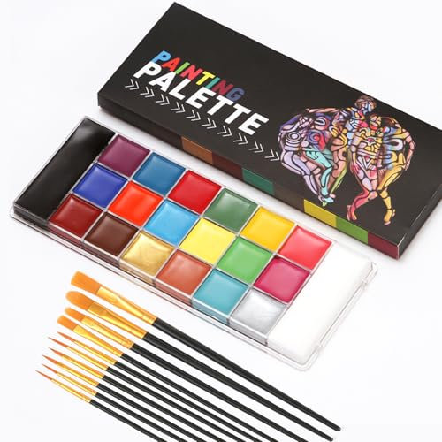 Lot de 20 couleurs de peinture corporelle pour Halloween, palette de 10 pinceaux, imperméable, pour carnaval, maquillage de théâtre, carnaval, fête