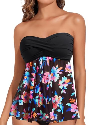 Talisea Women Bandeau Tankini Top Only Mesh Strapless Swimsuits Top Halter Flyaway Bathing Suits No Bottom, Colorful Floral, XL