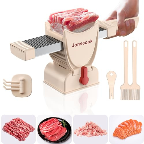 Rebanador de carne fresca, Rebanador manual de fresca, Grosor de corte ajustable de 2 mm o 4 mm, 17 cuchillas para 18 rebanadas de carne (Rebanadas, Tiras, Dados) - Rosa